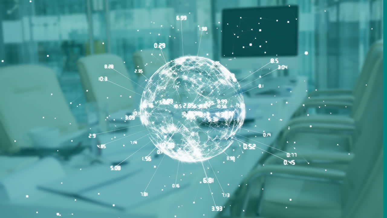 현대 사무실 회의실 위에 데이터 포인트 애니메이션으로 반이는 지구