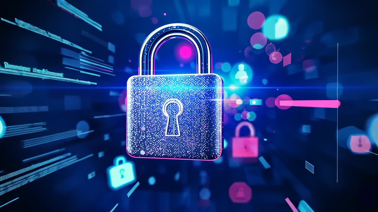 Central digital padlock pulsing amid orbiting user icons in neon corridor, evoking data security