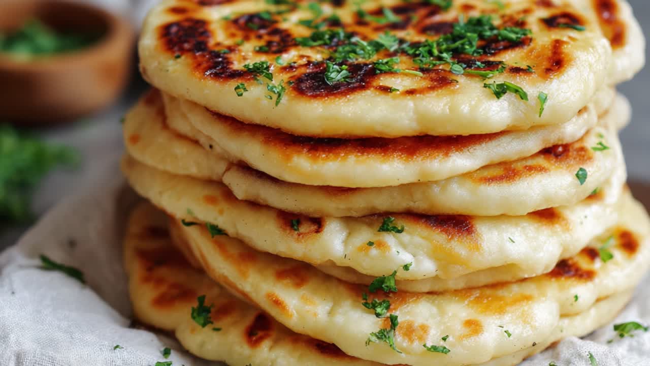 Herkulliset päällekkäin ladotut leipälätyt, jotka on koristeltu tuoreilla yrteillä ja jotka sopivat täydellisesti dippien tai curryjen kanssa, vangiten kotitekoisen lohturuoan ytimen