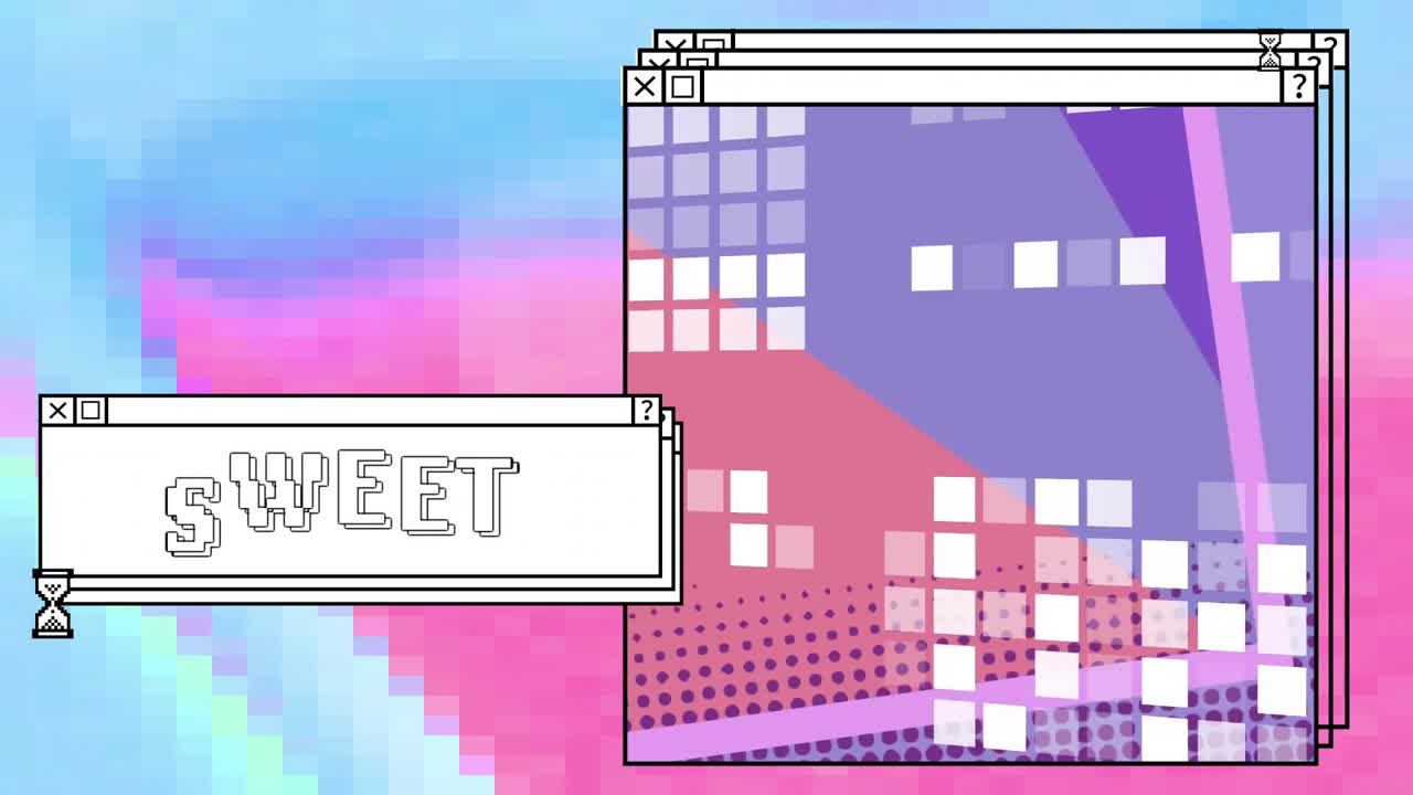 네온 패턴으로 달한 텍스트와 컴퓨터 창 화면의 애니메이션