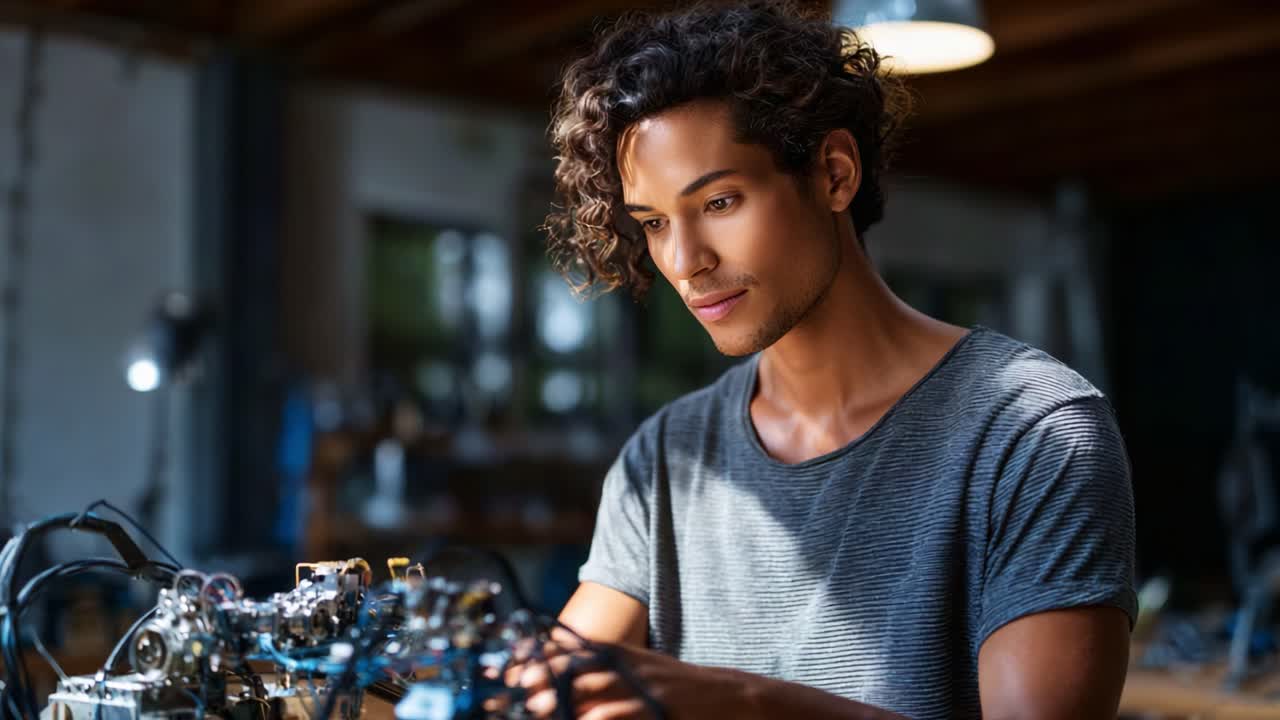 Une personne concentrée travaillant avec diligence sur des machines complexes dans un atelier bien éclairé, faisant preuve d’enthousiasme pour la technologie et de compétences novatrices en résolution de problèmes