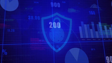 digital security shield with fingerprint over data charts and graphs animation