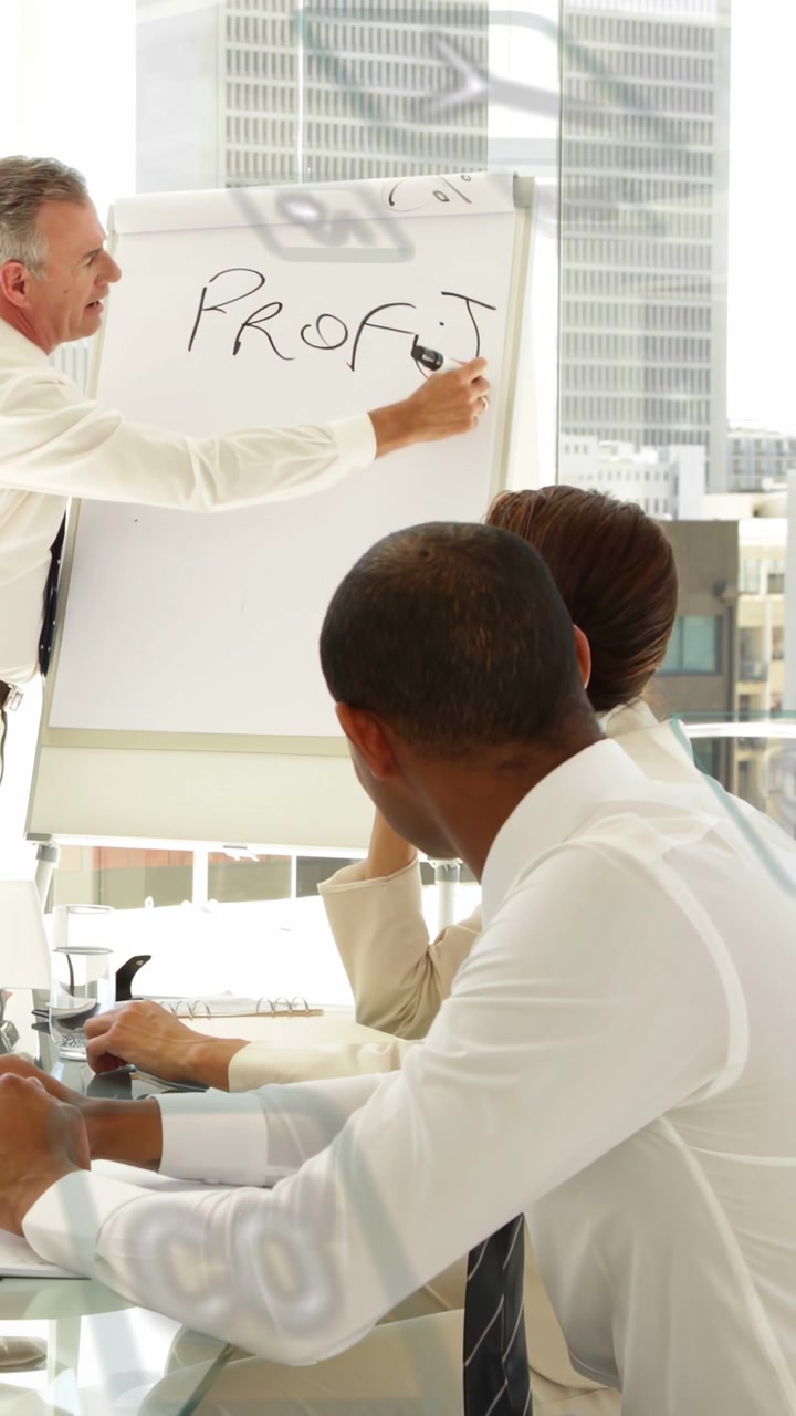 Vertical video: Presenter at flip chart picking marker and writing PROFIT SUCCESS for business team