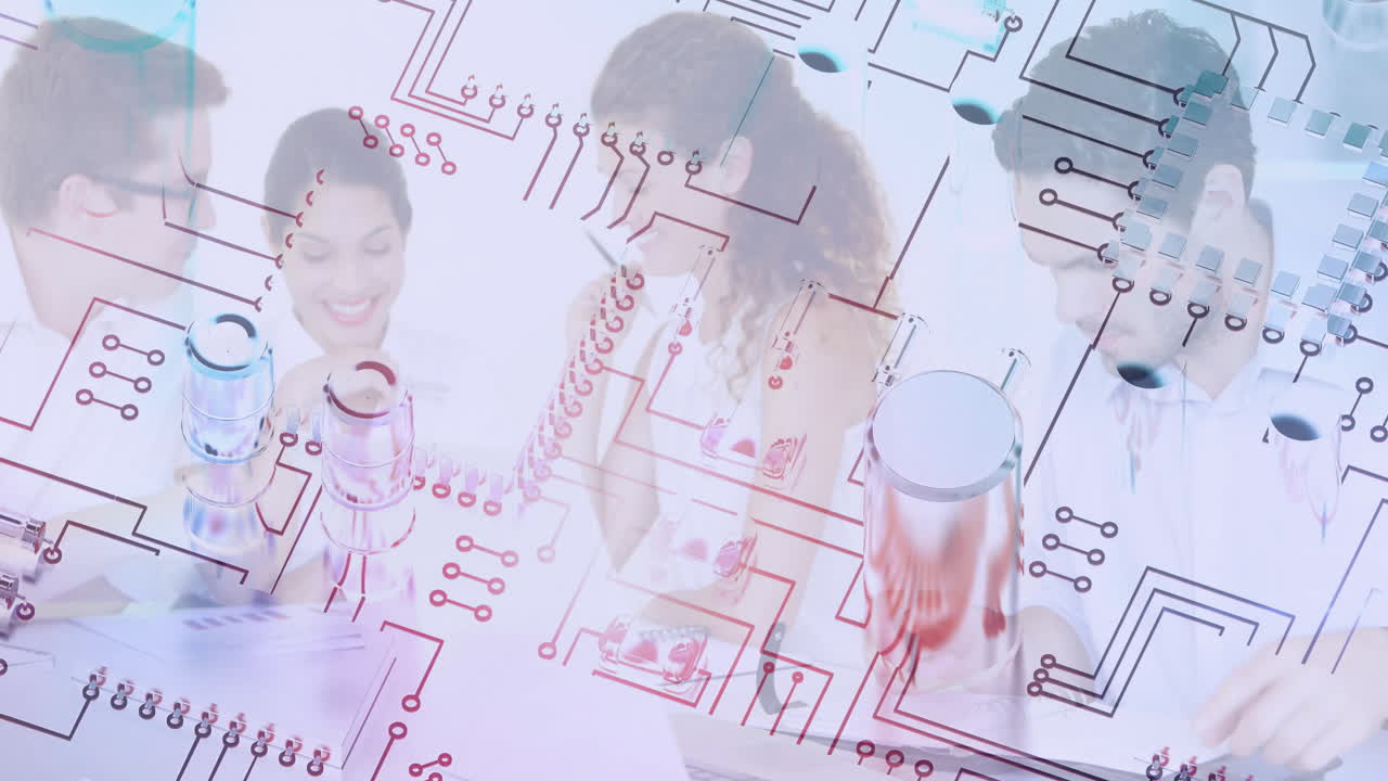 In school, diverse people collaborating with circuit diagram overlay in bright office