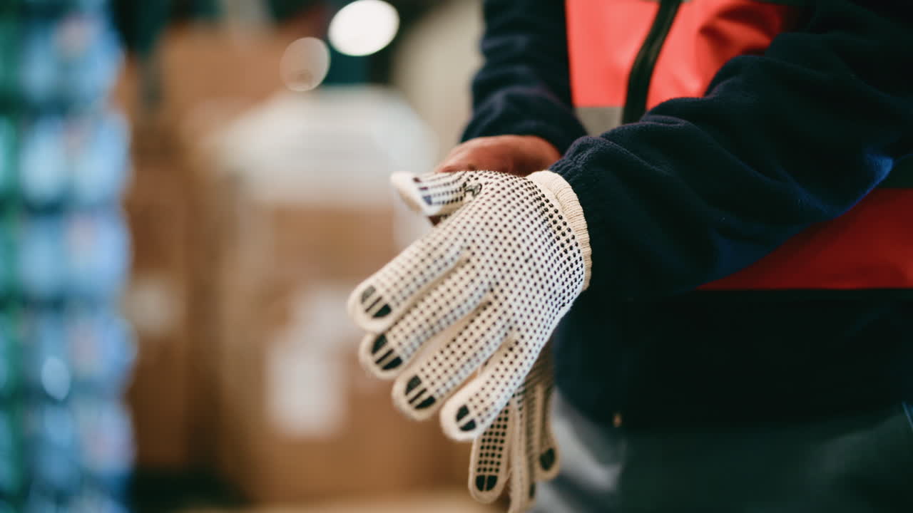 Worker Putting on Protective Work Gloves in Warehouse