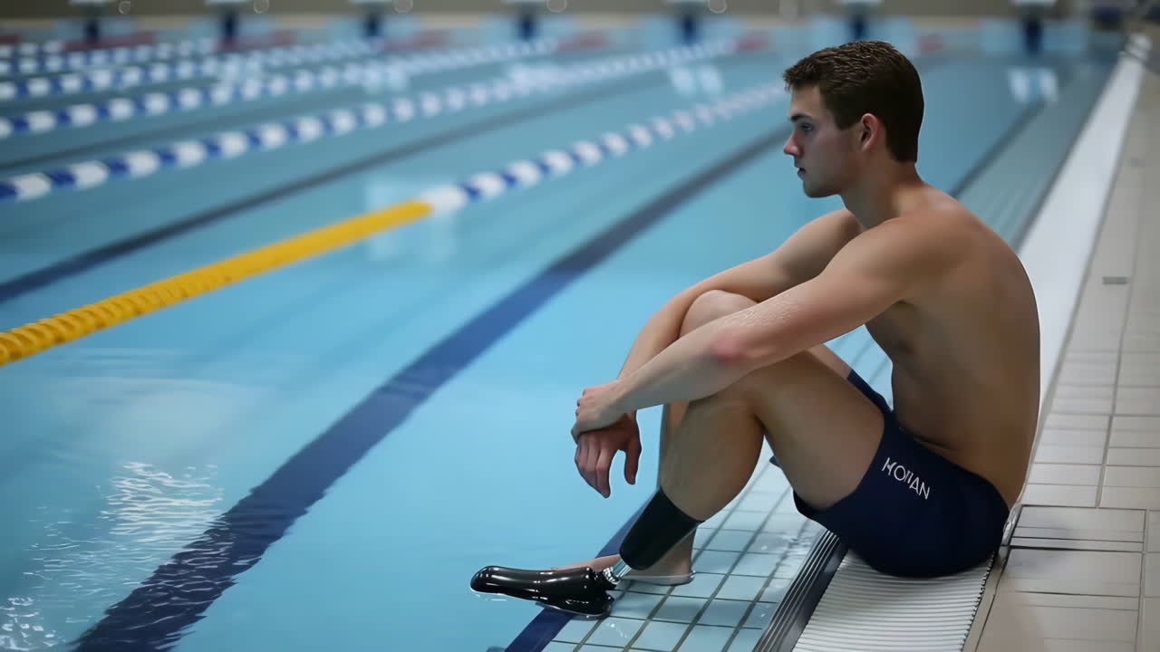 Athlete with prosthetic leg sitting by a swimming pool