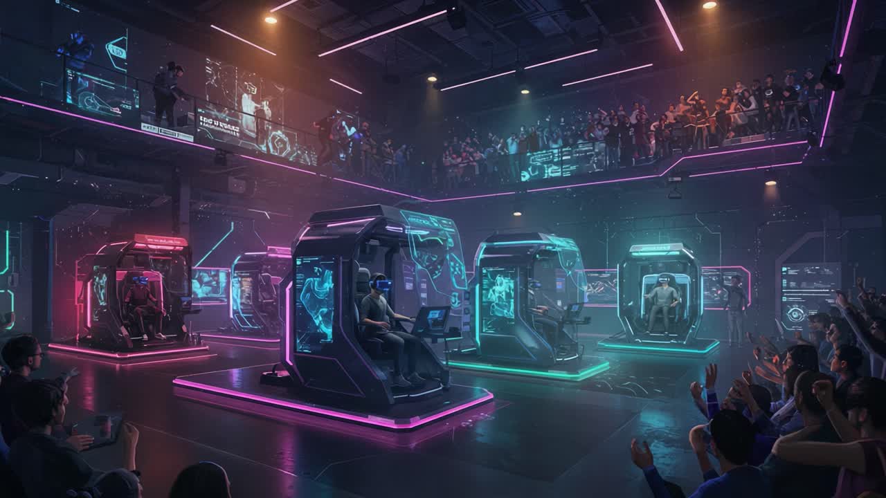 Dynamic E-sports Arena with Futuristic Gaming Pods and Enthusiastic Spectators Applauding an Engaging Competition in Neon-lit Atmosphere