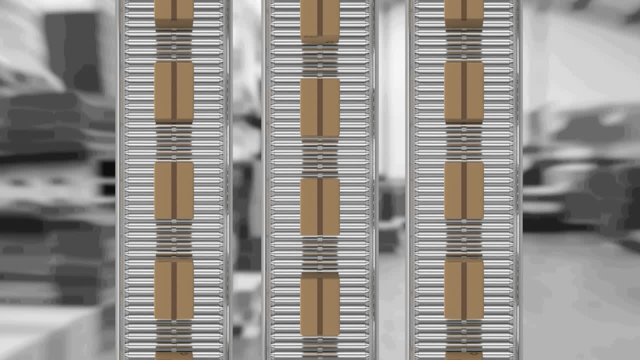 animación de cajas de cartón que se mueven en cintas transportadoras sobre el almacén