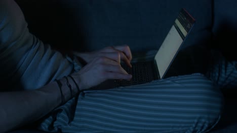 persona que usa una computadora portátil por la noche en un sofá