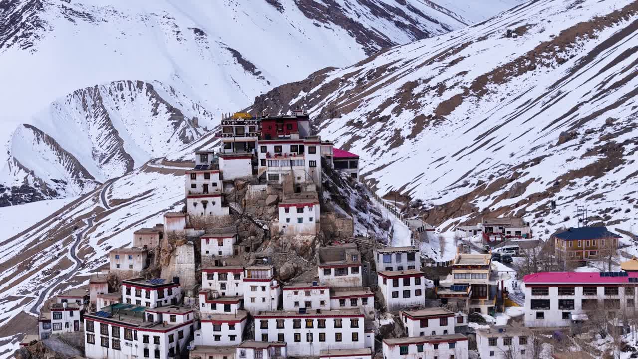 Snowy Monastery nestled in Himalayan Mountains