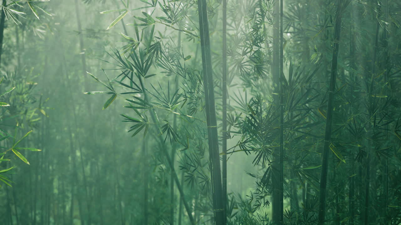 Bamboo forest with mist at dawn creating a serene atmosphere in nature
