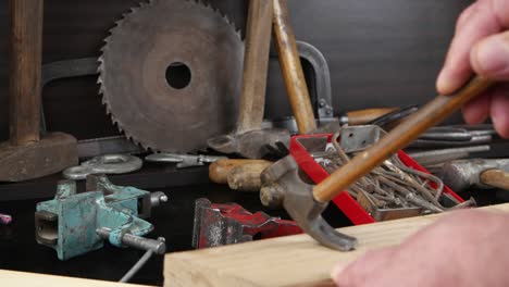 person removes a nail from the plank by a claw hammer