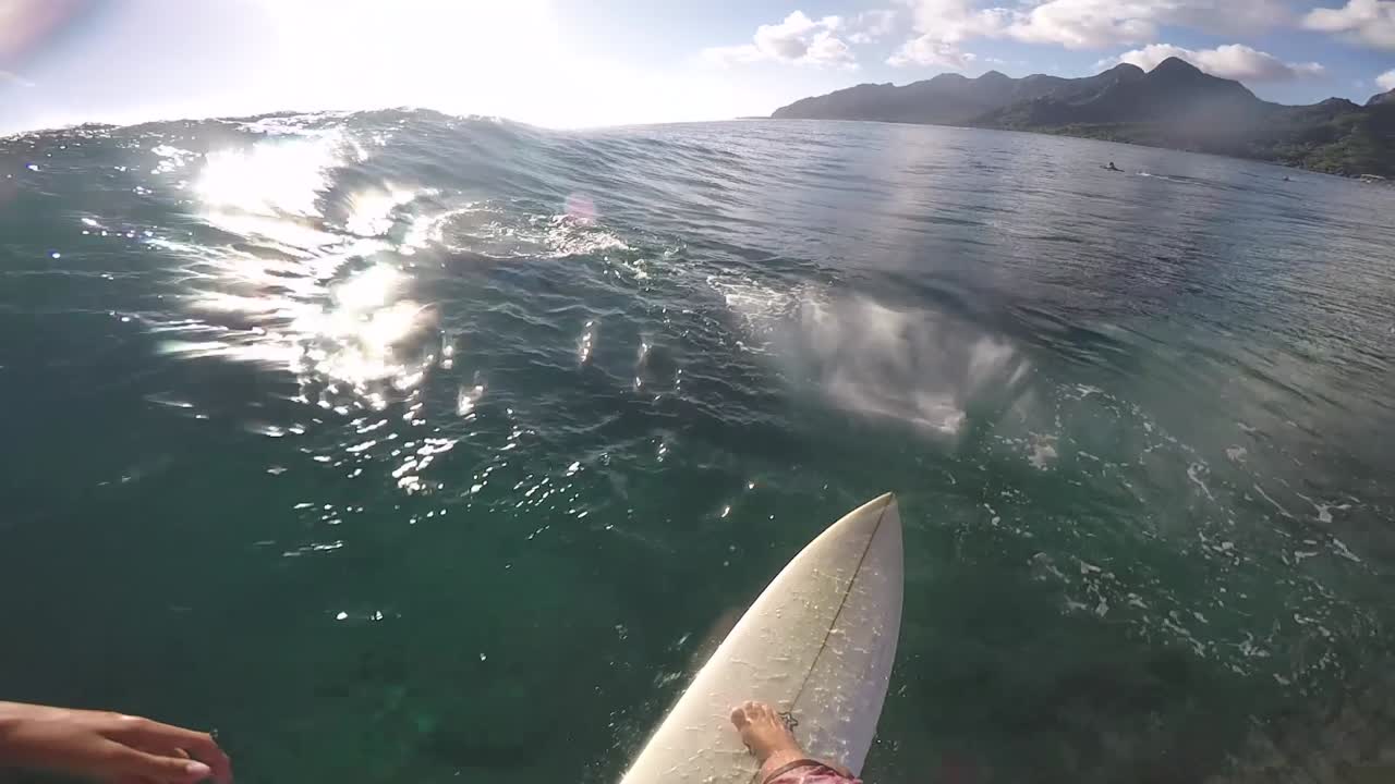 hombre surfando en moorea primera vista, hermoso día soleado
