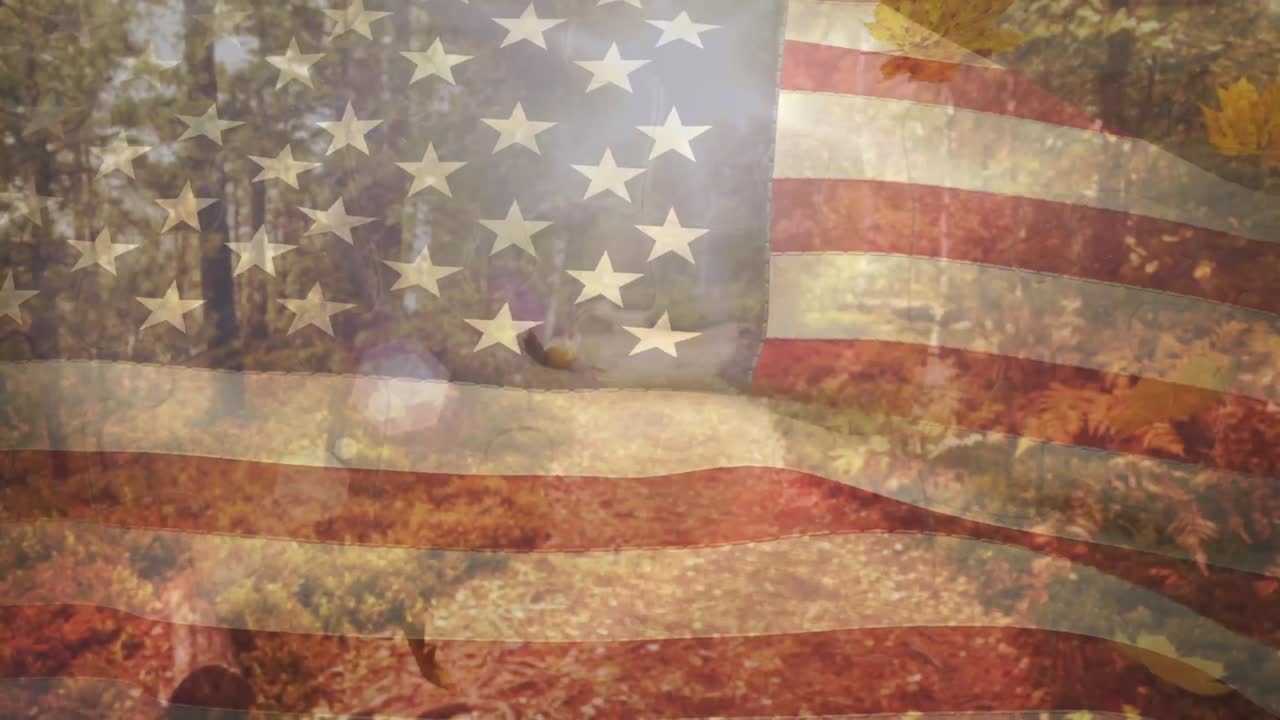 Composite of waving american flag against maple leaves falling in the park