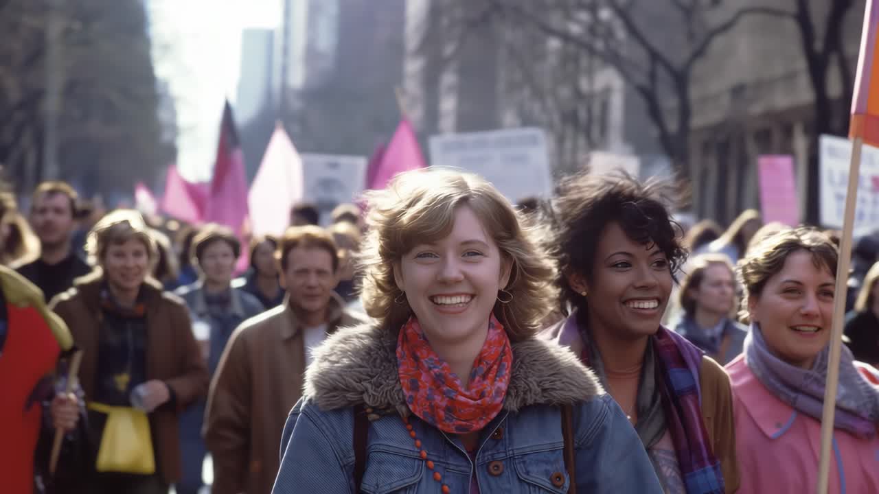 Women activists marching together with vibrant pink flags, showing determination and joy while advocating for equal rights and gender equality in urban street setting