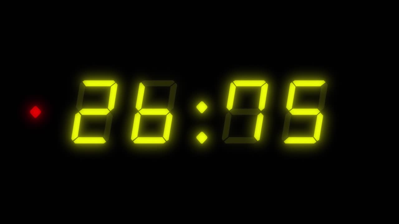 4-digit, 30 second digital clock countdown timer. Yellow numbers on black background. Retro digital alarm clock with flashing red warning light