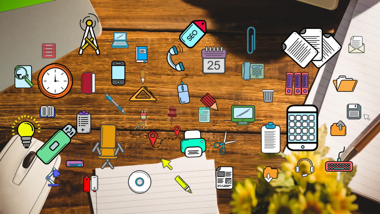 Animation of multicolored icons over mouse, paper, pen and laptop on wooden table