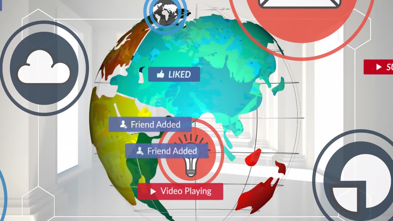 animación de iconos de redes sociales con textos sobre el globo y el interior de la casa