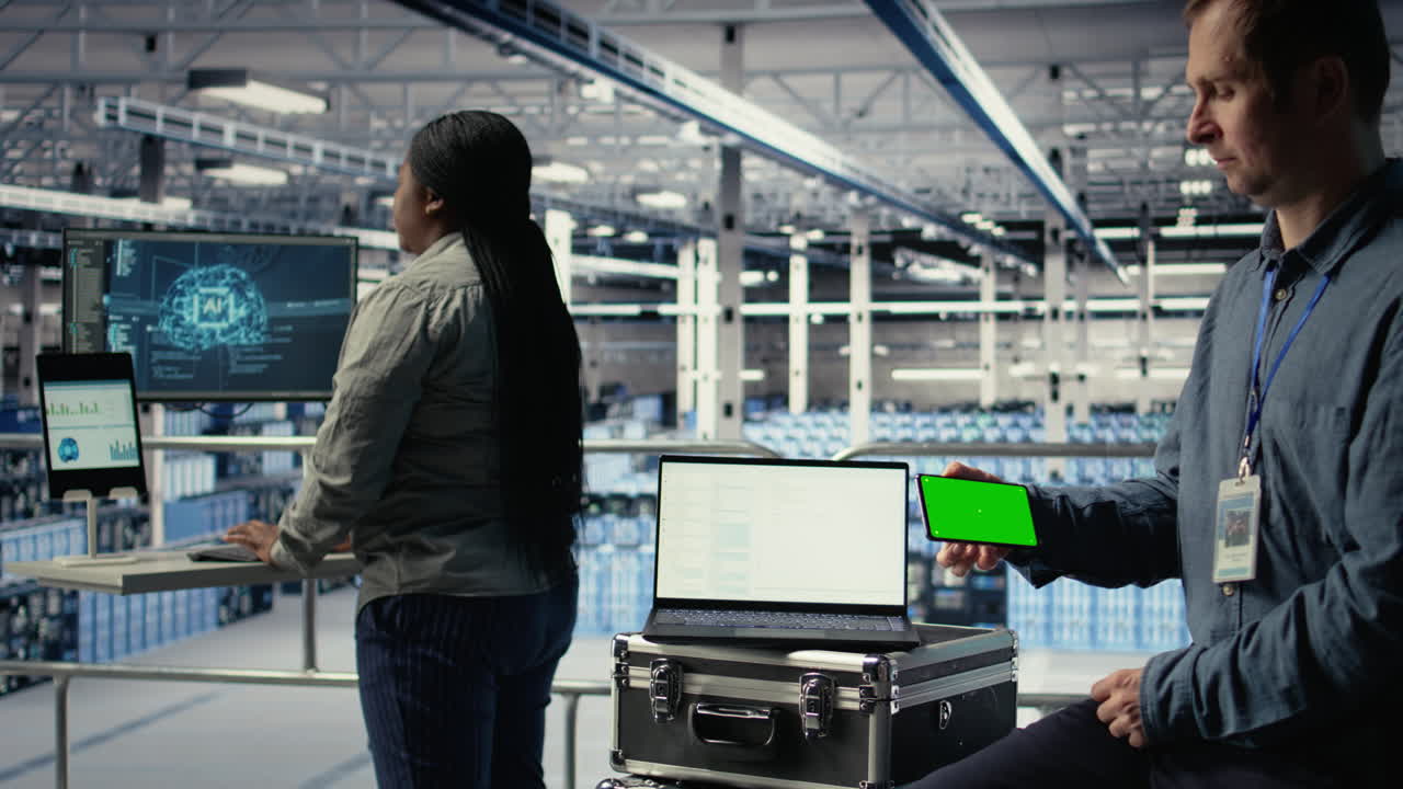 Data Center Worker Uses Isolated Screen Smartphone While Deploying Deep Learning