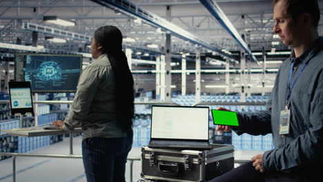 data center worker uses isolated screen smartphone while deploying deep learning