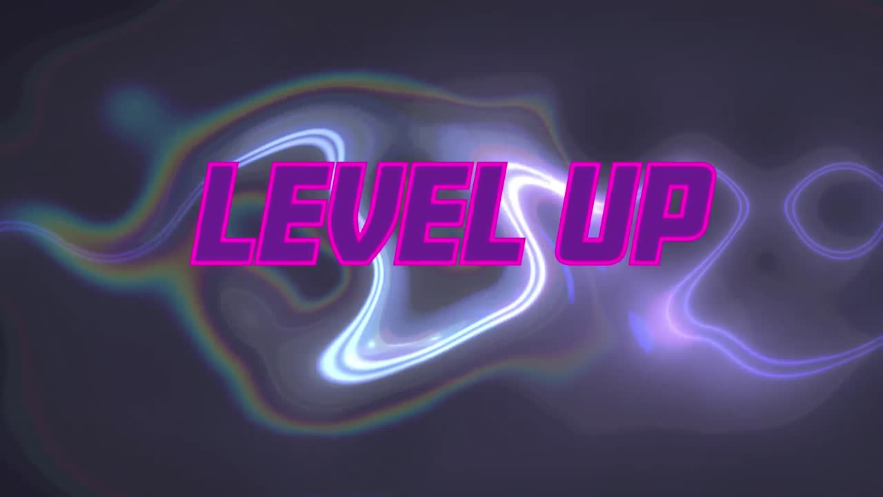 Animation of level up text over liquid on black background