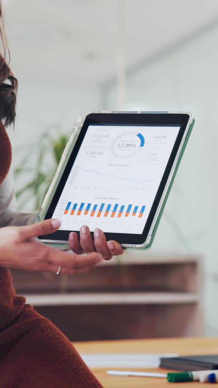 Close-up of Woman's Hands Reviewing Financial Charts on Tablet