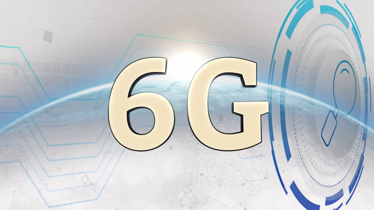 Animation of 6G technology with digital network elements and futuristic design