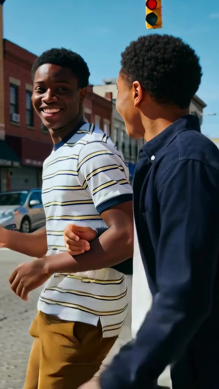 Vertical video: Signal changing, two teens linking arms, talking at crosswalk, wearing striped polo