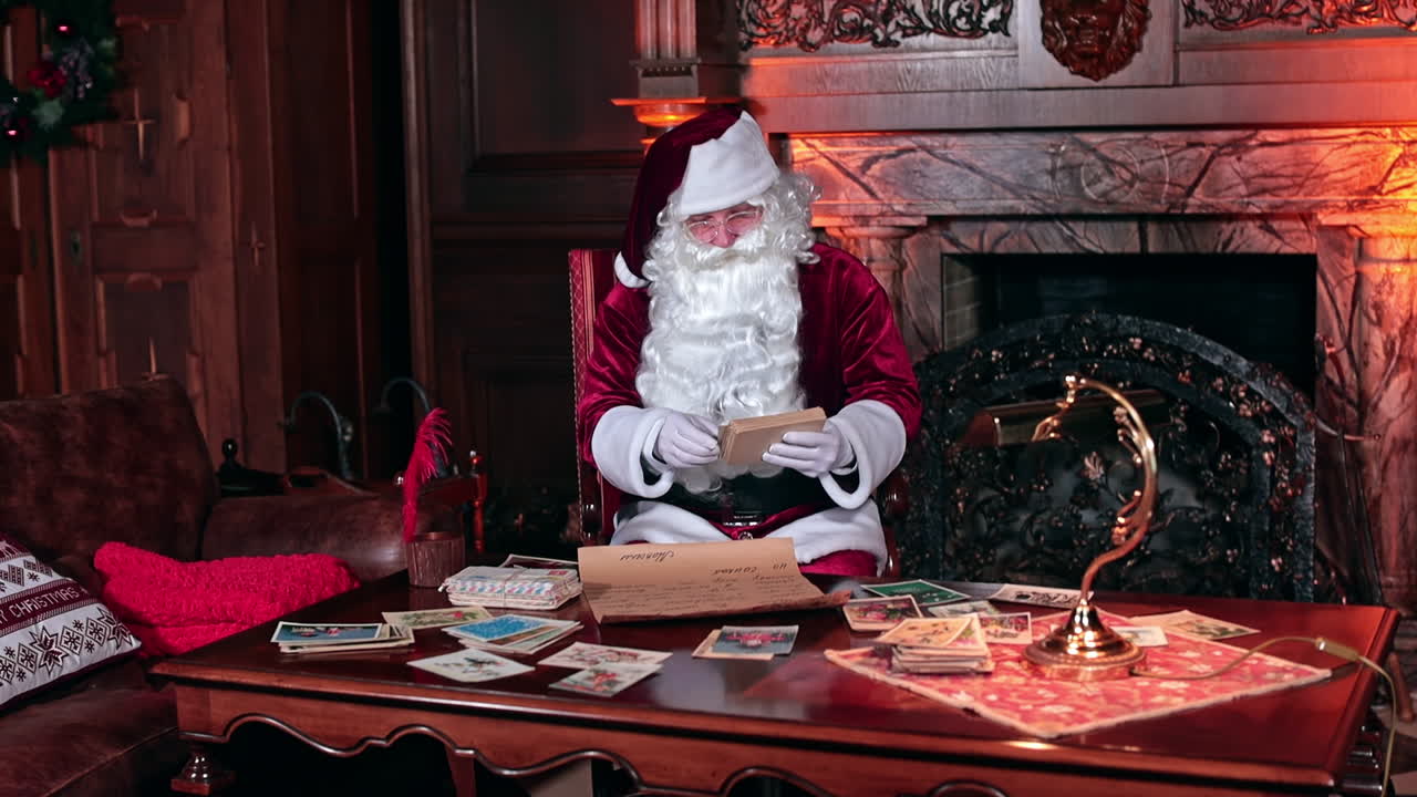 Busy Santa looking through the Christmas cards. Preparation for holidays. Santa Claus working in his cabin near fireplace.