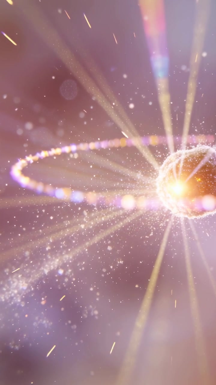 Video verticale: Anello che si forma, sfera d'oro che si irradia, emettendo raggi, prismi, scintille in una nebulosa, con spazio per il testo.