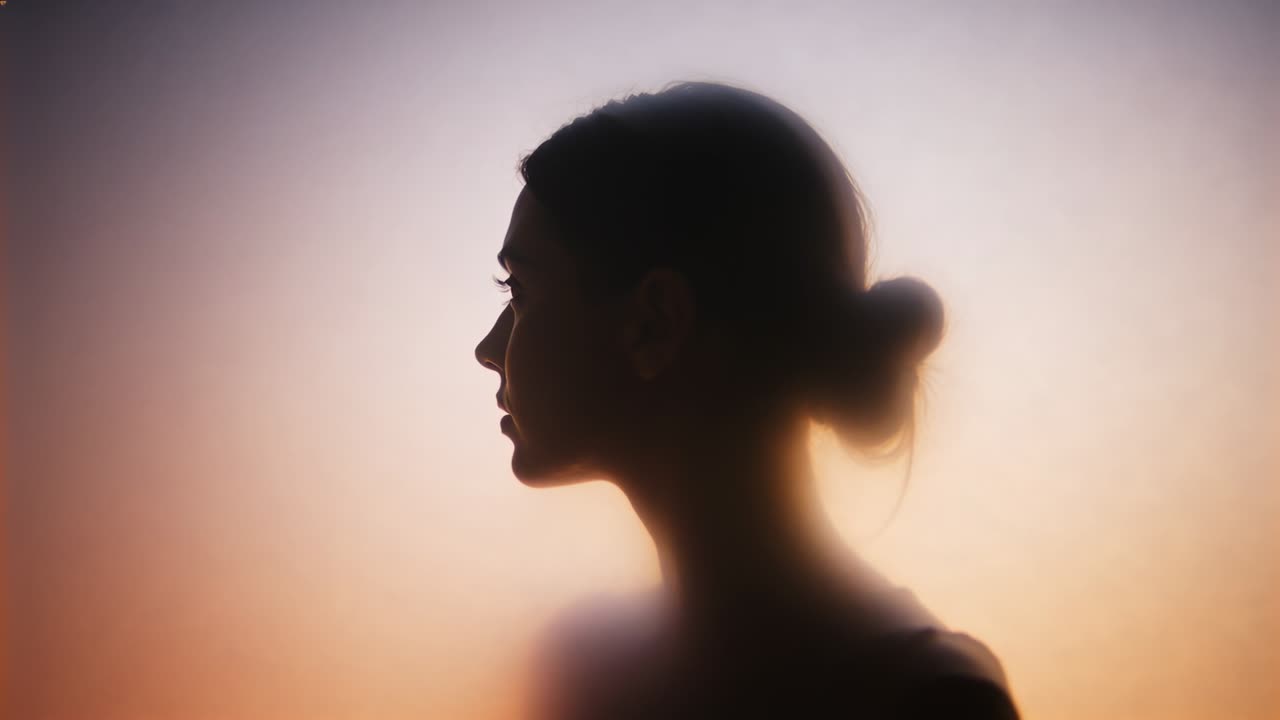 Focus pulling revealing sleeveless woman profile tilting head, defining bun in studio with diffuser