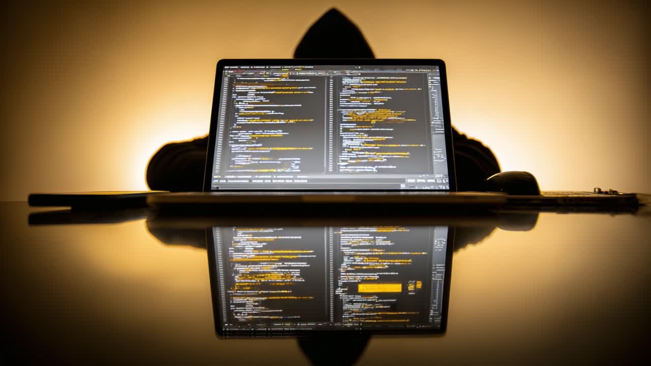 A Mysterious Coder in the Shadows: Exploring the Intriguing World of Hacking and Cybersecurity Through the Lens of a Backlit Laptop Displaying Code