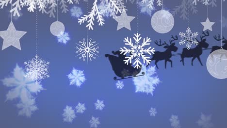 Animation-of-santa-claus-in-sleigh-with-reindeer-moving-over-falling-snow