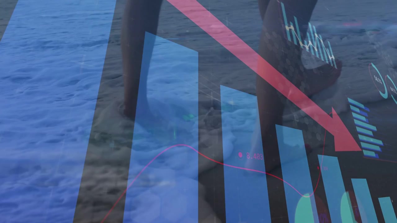 Overlay appearing while couple walking shoreline beneath animated bar chart showing market decline