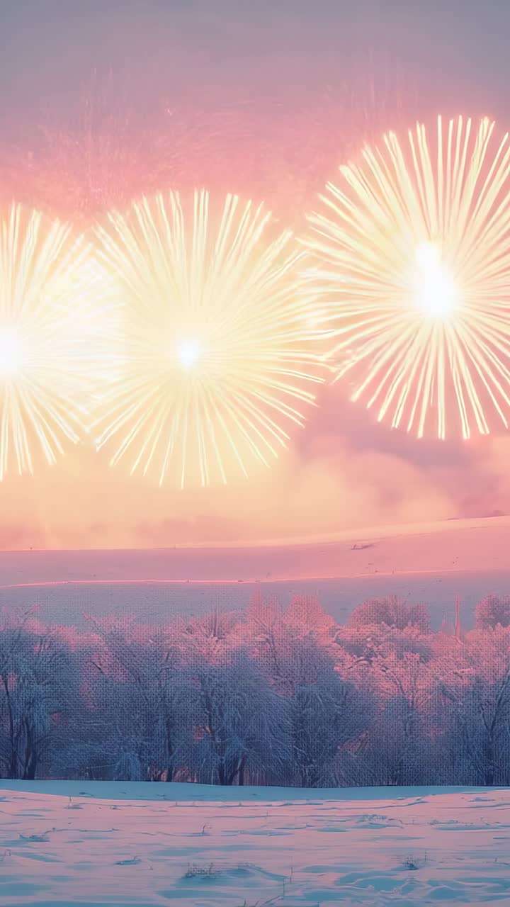 Vertical video: Launching firework shells bursting over frosted trees and snow field, smoky trails