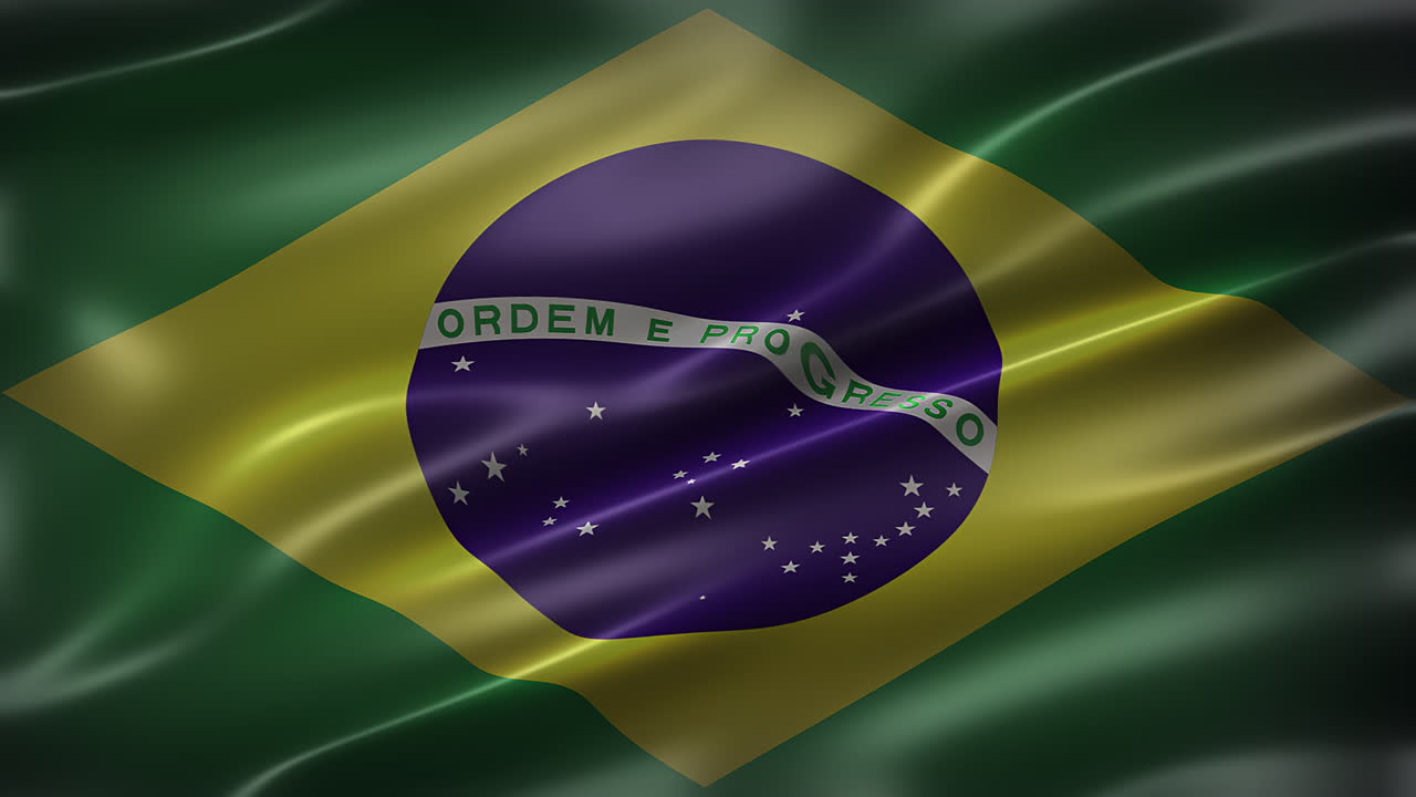 la bandera nacional de la república federativa de brasil, vista frontal, cuadro completo, brillante, elegante, textura sedosa, ondeando en el viento, animación realista de 4k cg, aspecto cinematográfico, con capacidad de bucle sin costuras