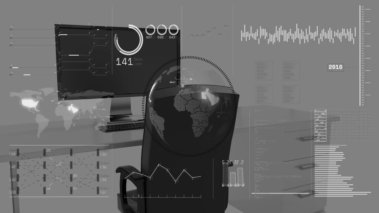 animación de mapas, globos, círculos de carga, números cambiantes y gráficos sobre una silla y un escritorio vacíos