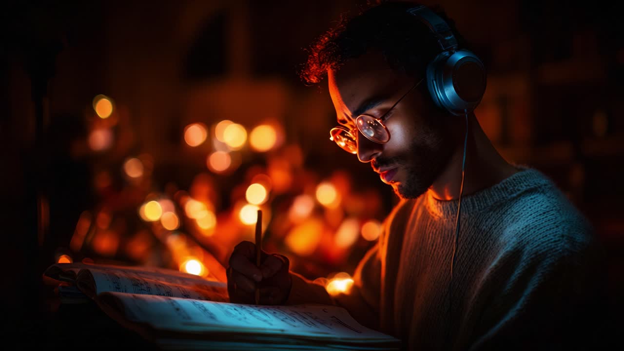 A Thoughtful Researcher in a Cozy, Dimly Lit Space, Concentrating With Headphones as He Writes Notes in a Book Surrounded by Warm Glowing Lights in the Background