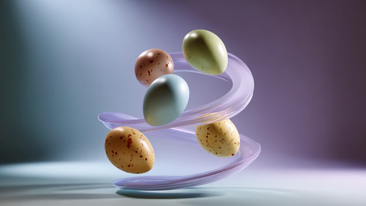 Podmanivá ukázka barevných, skvrnitých vajec ve vířivém pohybu, mísící surrealistický design s pastelovými odstíny a dynamickými formami, vytvářející poutavý vizuální zážitek.