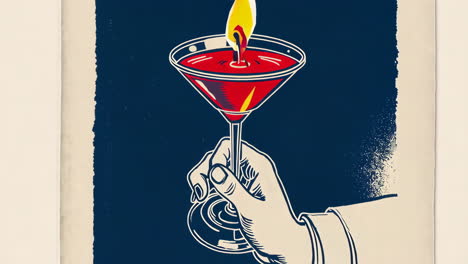 retro illustration of a hand holding a flaming cocktail