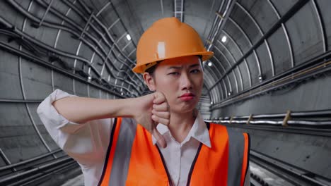 close up of asian female engineer with safety helmet showing thumbs down gesture and shaking her head in underground subway tunnel