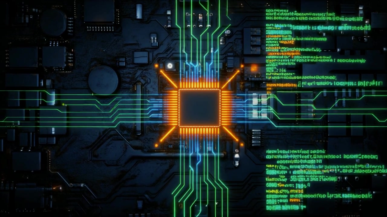 Glowing Central Processor Unit on Circuit Board with Digital Data Streams