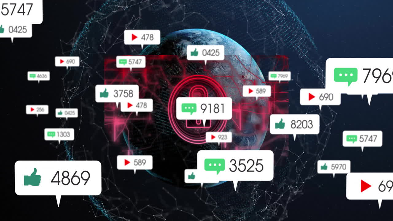Globe floating in dark cyberspace, showing glowing padlock securing social media engagement icons