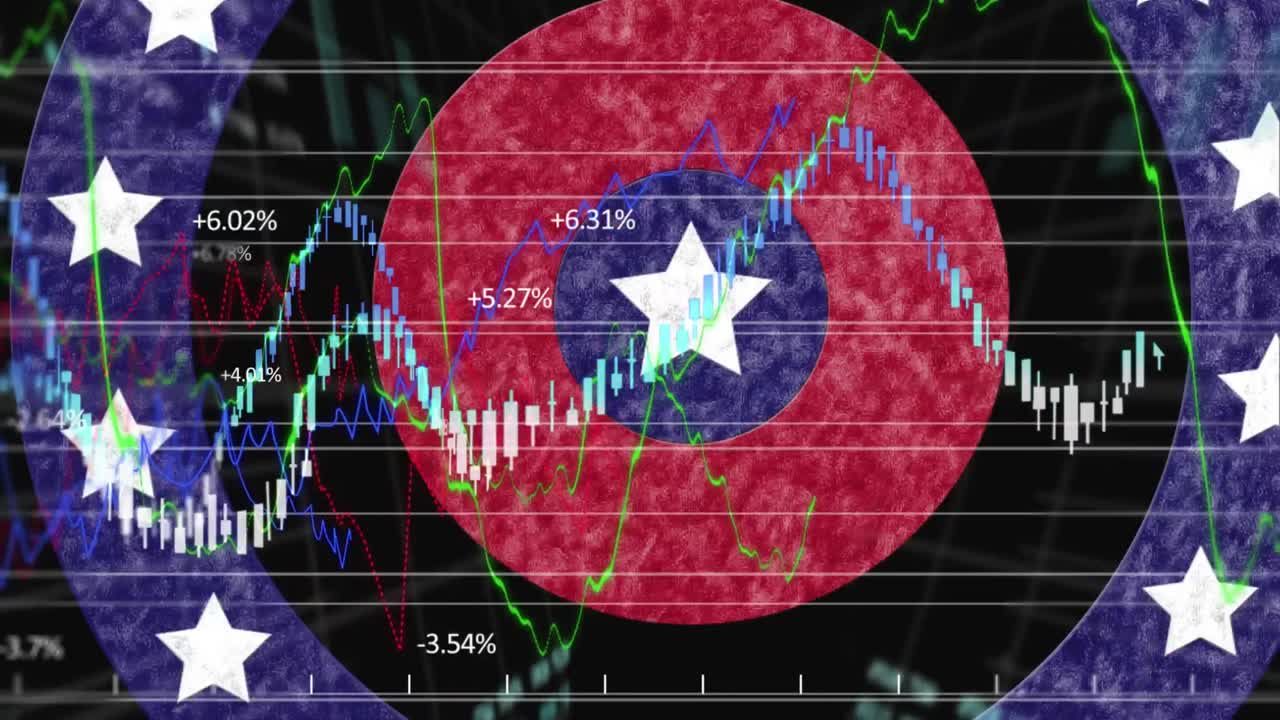 증권 거래소 통계와 함께 미국  ⁇ 발 별과 줄무 ⁇ 로 회전하는 원의 애니메이션