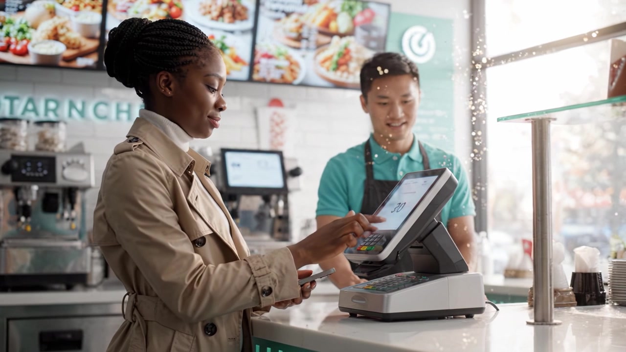 Interação com o Cliente em um Ponto de Venda com Pagamento Móvel e Caixa Amigável em um Ambiente de Café Moderno.