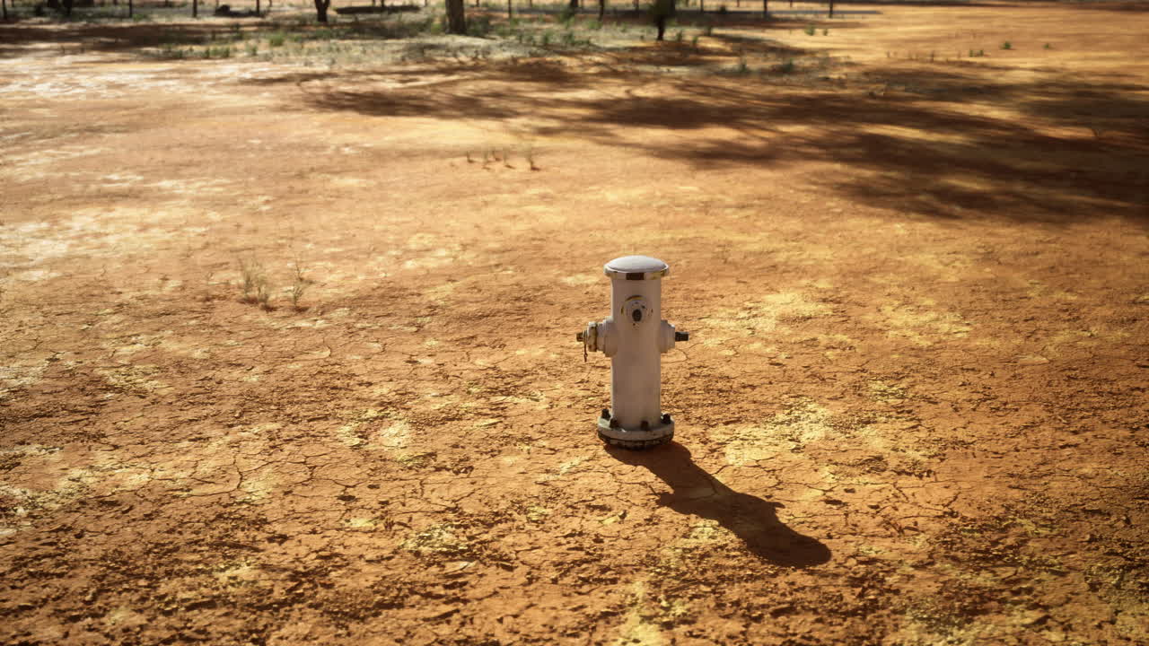 Dry landscape with a lone fire hydrant casting a long shadow in the sun