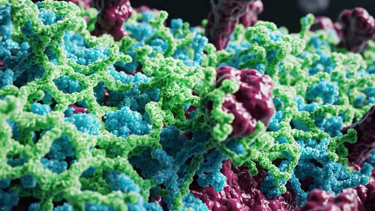 Visualisasi Detail Struktur Virus yang Menampilkan Rakitan Protein Rumit dan Komposisi Molekuler Berwarna-warni yang Merepresentasikan Kompleksitas Biologis