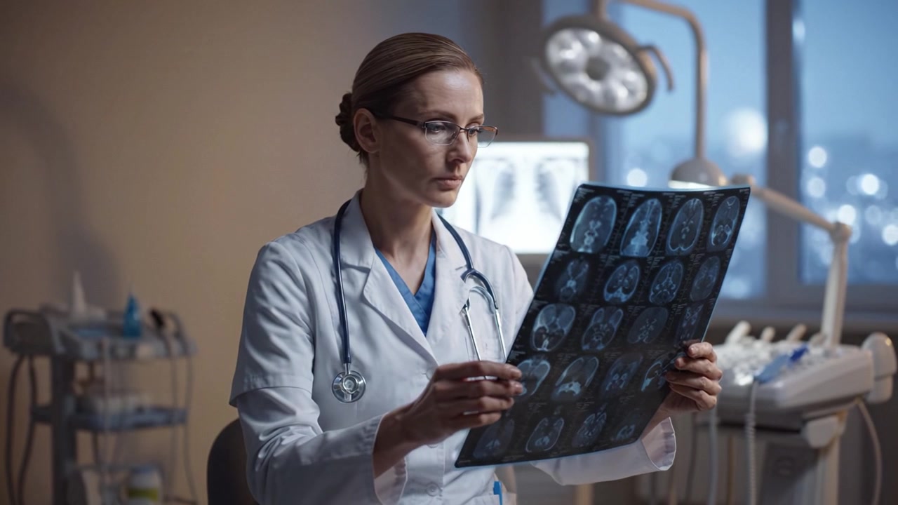 Medical Professional Analyzing Brain Imaging in a Clinical Setting, Focusing on Diagnostic Work in a Healthcare Environment with Modern Equipment and Tools