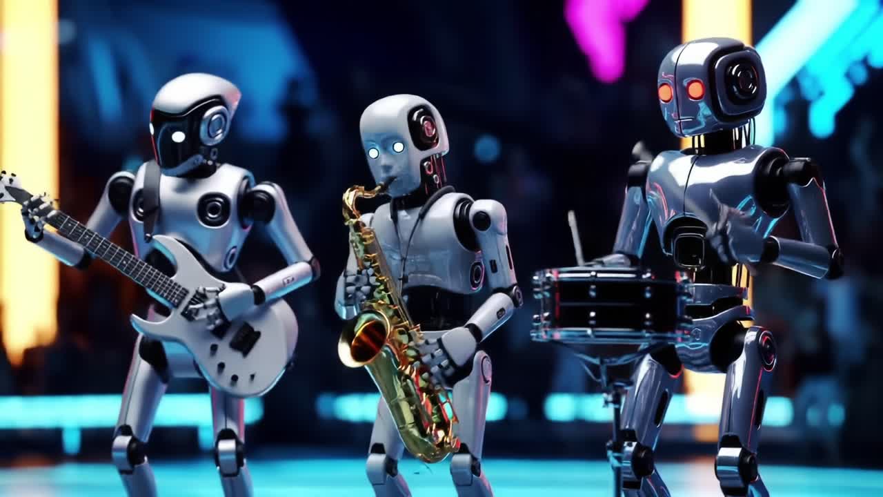 A Vibrant Display of Robotic Musicianship Where Three Sleek Androids Enthrall the Audience with Their Dynamic Performance Using Instruments in a Modern Venue