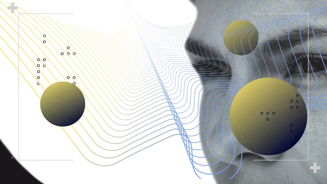 Colorful abstract shapes against close up of woman against white background